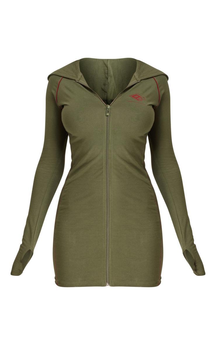 PRETTYLITTLETHING Khaki Cotton Contrast Zip Hooded Bodycon Dress Product Image