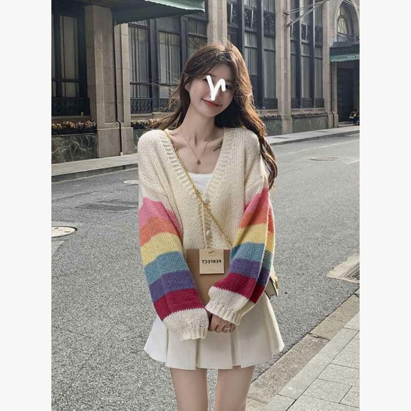 V-Neck Rainbow Block Cardigan Product Image