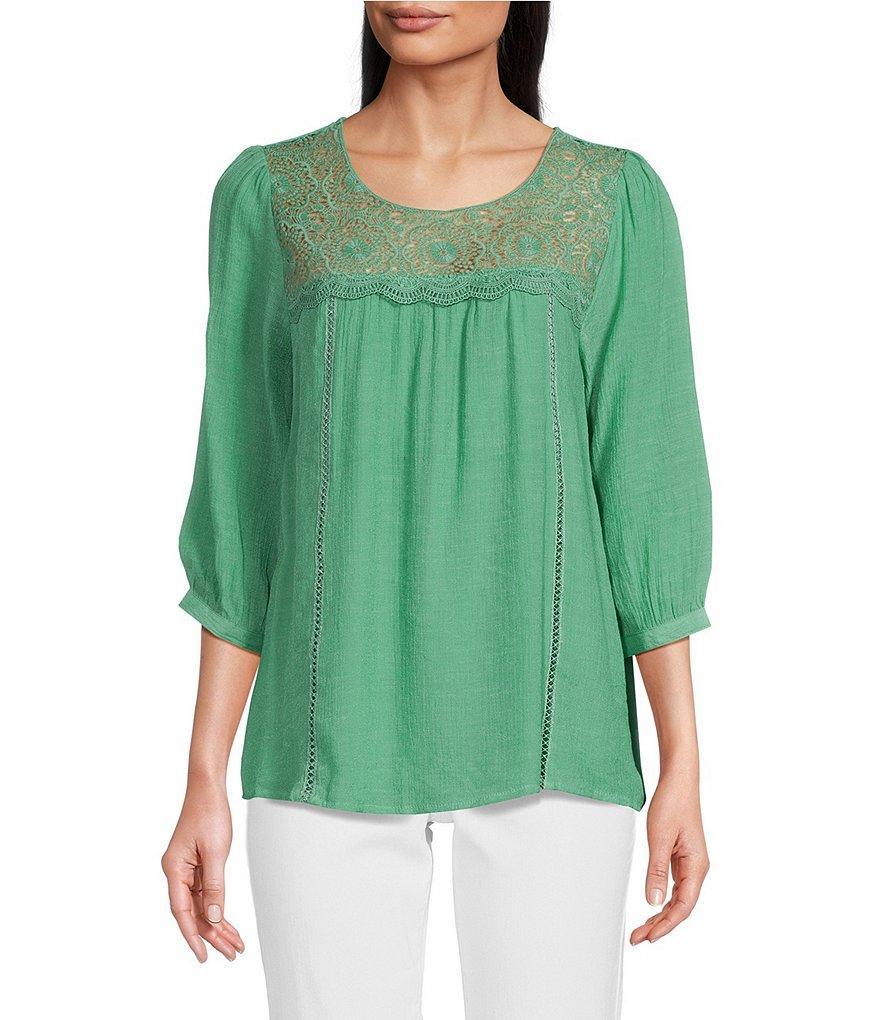 Figueroa & Flower Solid Peasant Lace Yoke 3/4 Sleeve Blouse Product Image