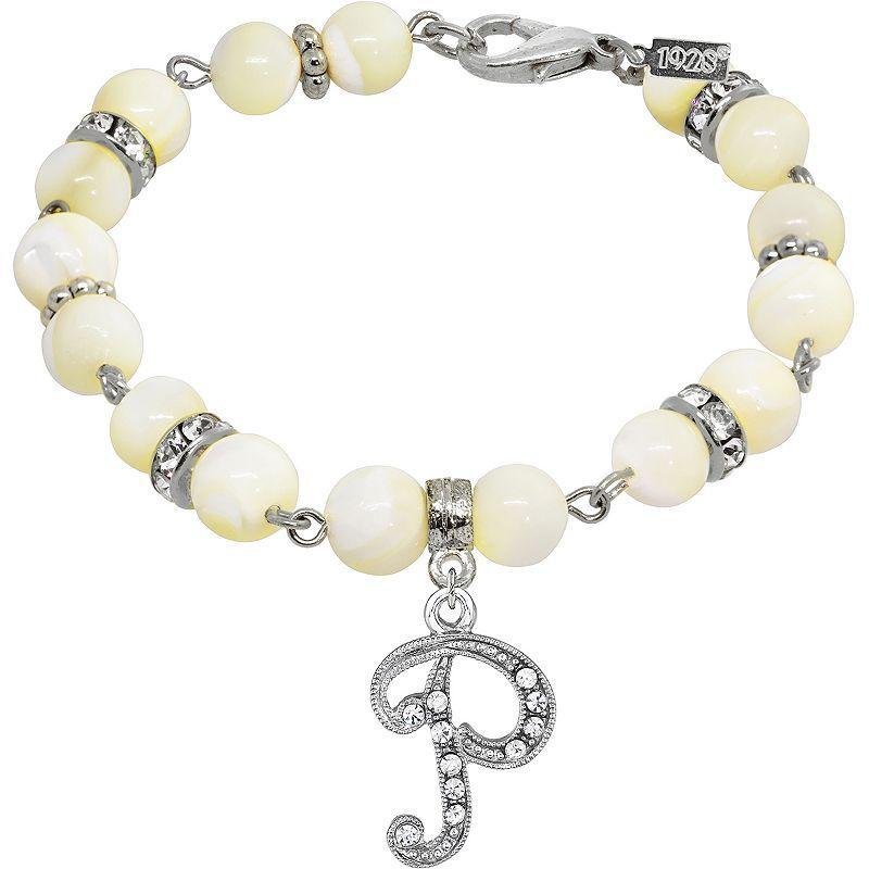 1928 Silver Tone Mother-of-Pearl & Simulated Crystal Initial Bracelet, Womens Product Image