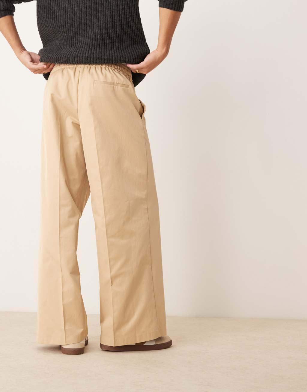 ASOS DESIGN pull on elastic waist loose leg dress pants in camel Product Image