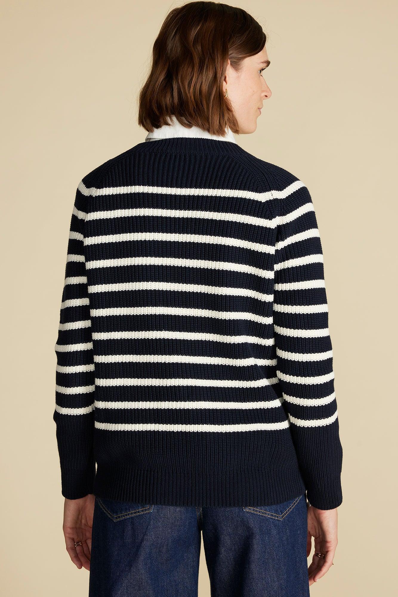 Layla Organic Cotton Sweater - Navy Blue and Ivory Stripe Product Image