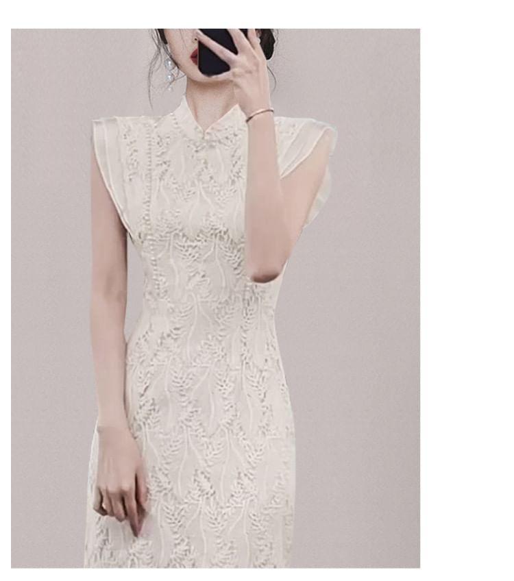 Sleeveless Stand Collar Plain Lace Sheath Midi Dress Product Image