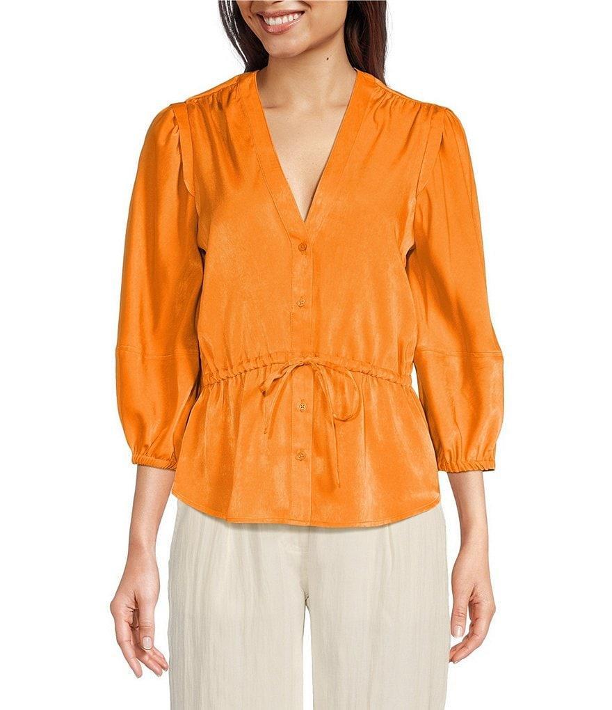 DKNY V-Neck 3/4 Sleeve Button Front Placket Blouse product image