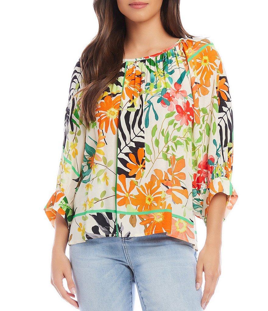 Karen Kane Wild Flower Scoop Neck 3/4 Blouson Sleeve Crepe Blouse Product Image