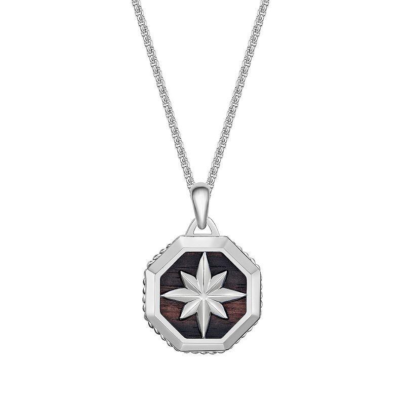 Mens LYNX Stainless Steel & Ebony Wooden Starburst Pendant Necklace Two Tone Product Image