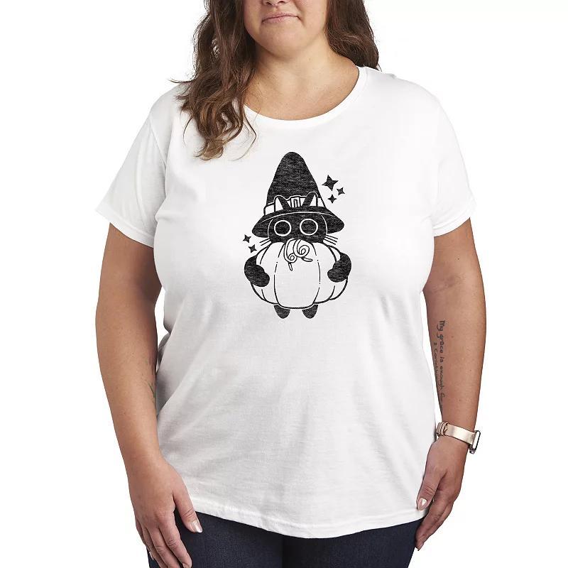 Plus Size Witch Cat With Pumpkin Graphic Tee, Womens Grey Dark Red Product Image