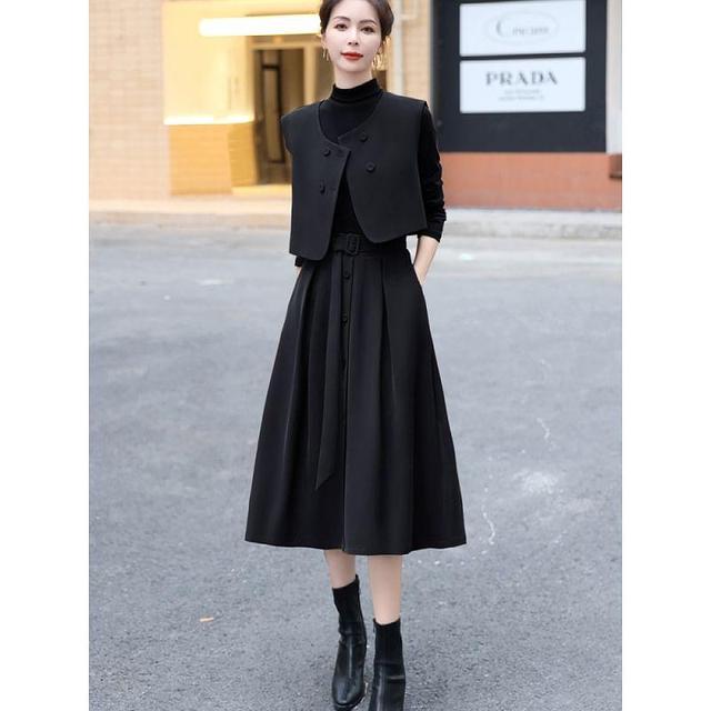 Set: Long-Sleeve Mock Neck Plain Midi A-Line Dress + Double Breasted Crop Vest Product Image