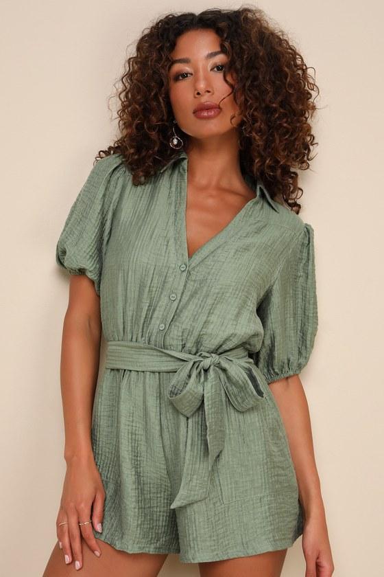 Instinctively Perfect Green Textured Belted Short Sleeve Romper Product Image