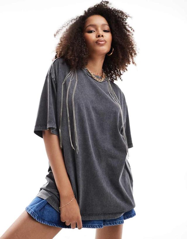 ASOS DESIGN oversized T-shirt with silver embellished necklace in washed charcoal Product Image