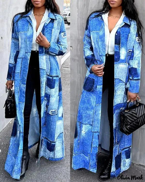 Olivia Mark – Long jacket with denim look print Product Image