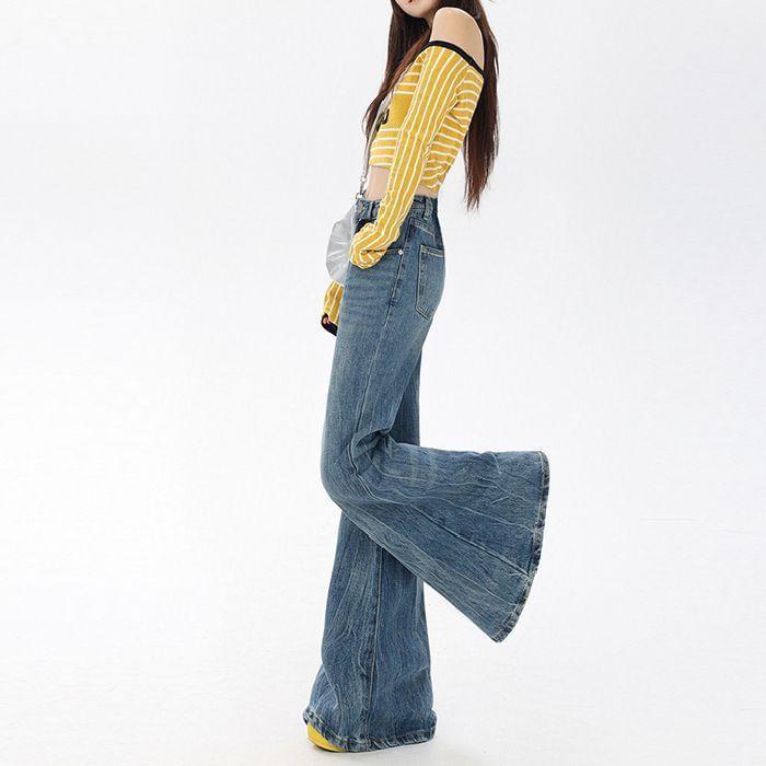 High Waist Washed Flared Jeans (Various Designs) Product Image