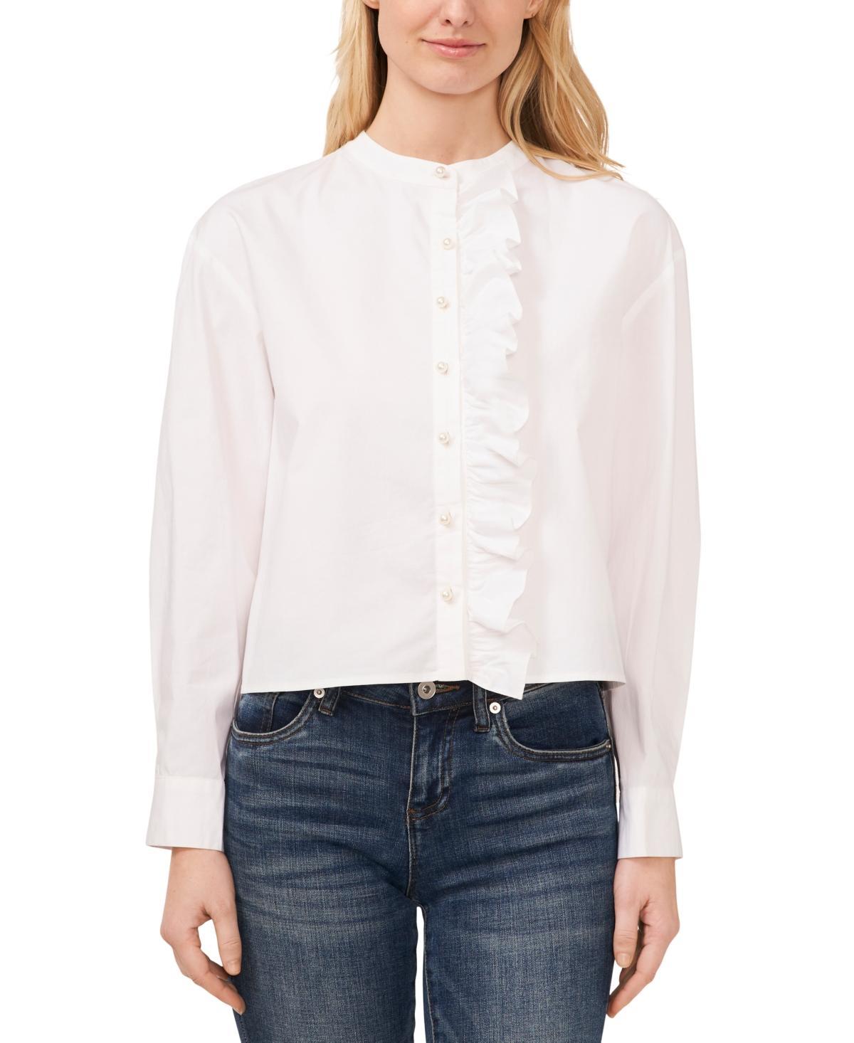 CeCe Womens Ruffled Button-Front Long-Sleeve Cropped Blouse Product Image