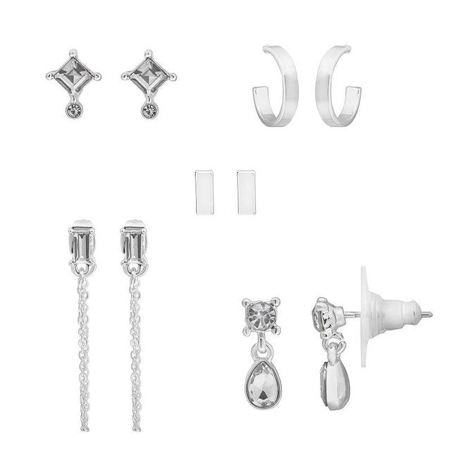 LC Lauren Conrad Silver Tone Crystal 5-pack Earrings Set, Womens, Clear Product Image