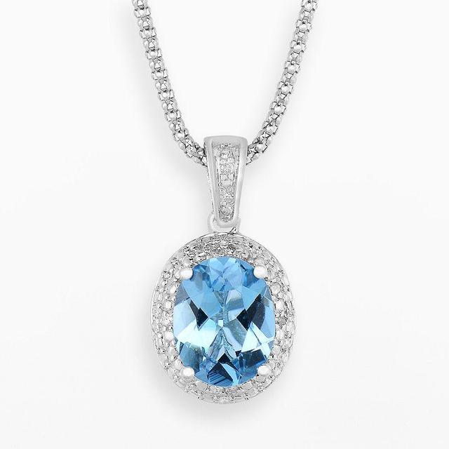 Sterling Silver Blue Topaz and Diamond Accent Oval Halo Pendant, Womens Product Image