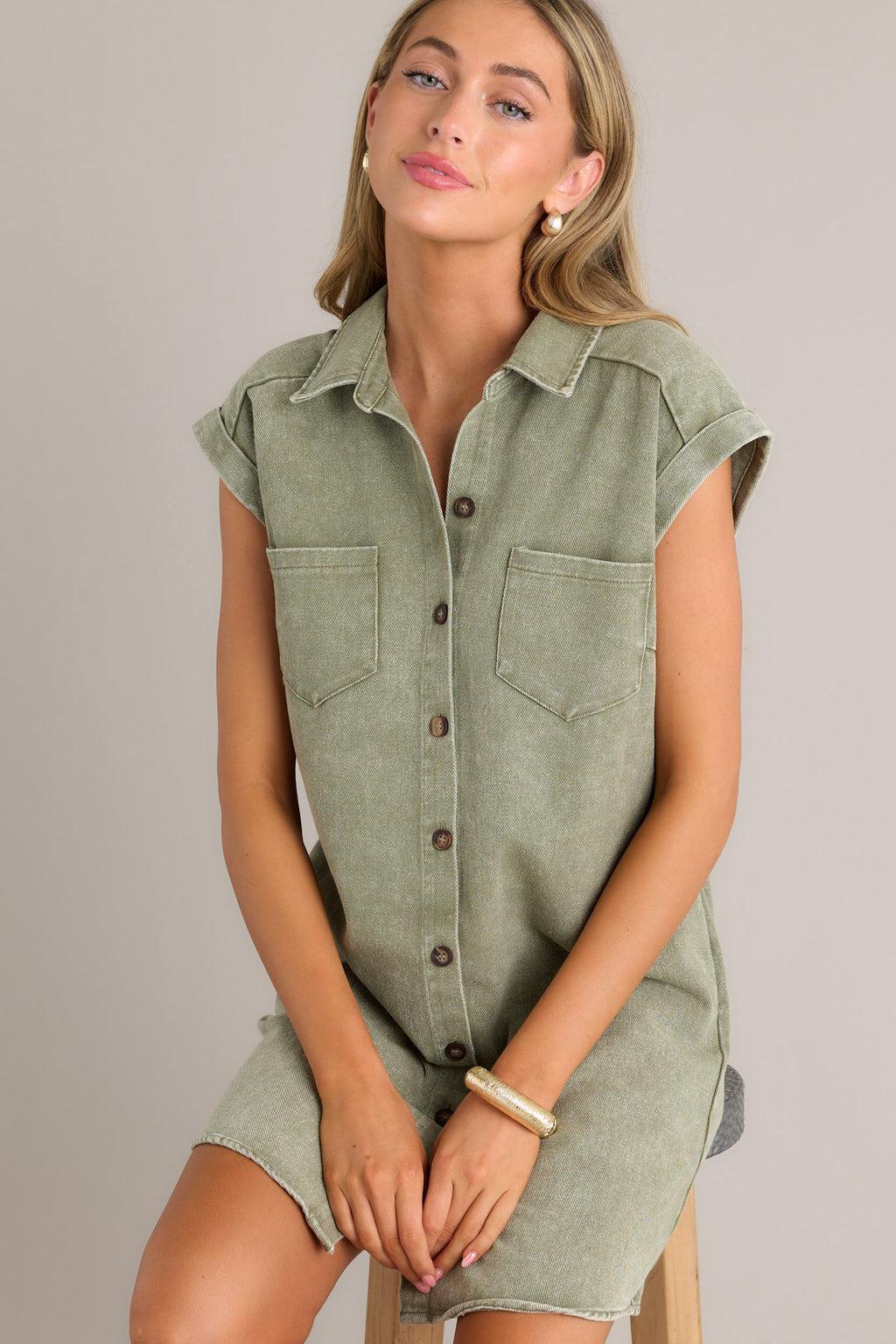 Stop & Stare Olive Green Denim Button Front Mini Dress Product Image