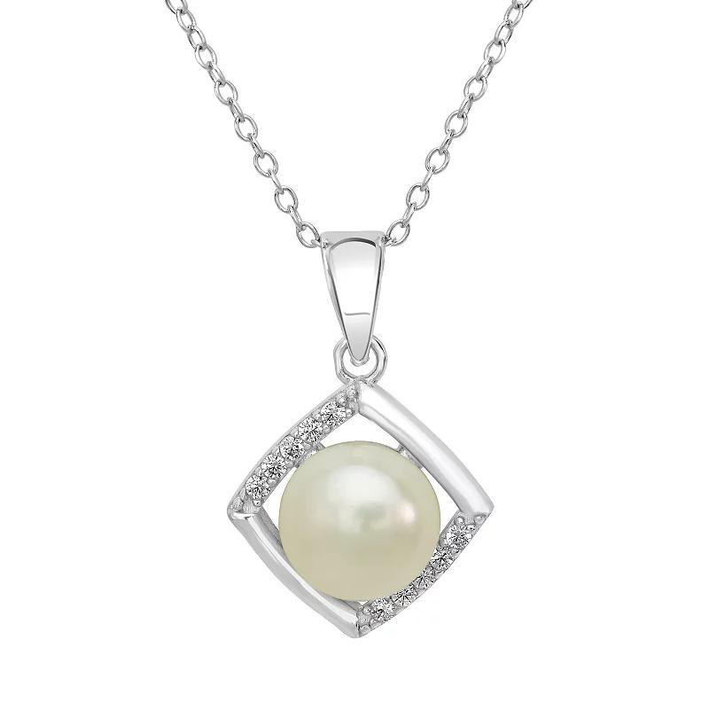 Gemistry Sterling Silver Cubic Zirconia & Freshwater Cultured Pearl Square Border Pendant Necklace, Womens Product Image