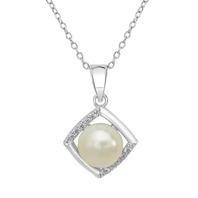 Gemistry Sterling Silver Cubic Zirconia & Freshwater Cultured Pearl Square Border Pendant Necklace, Womens Product Image