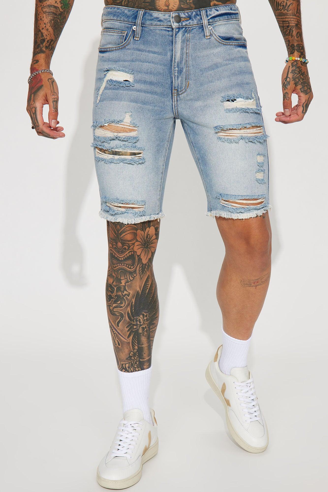 Back To It Distressed Raw Hem Slim Denim Shorts - Light Wash Product Image