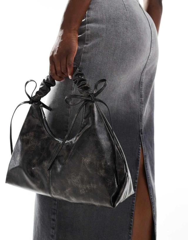 ASOS DESIGN distressed ruched handle shoulder bag with double bow detail in brown Product Image