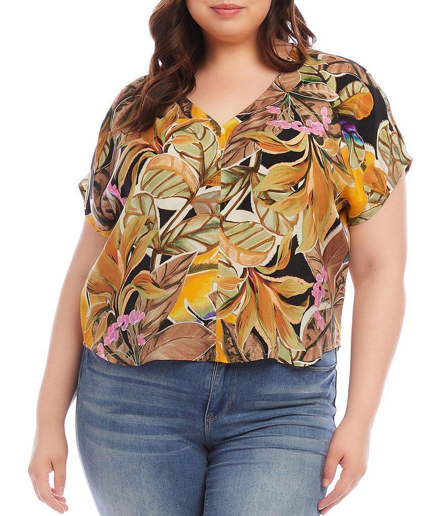 Karen Kane Plus Size Tropical Print Woven V-Neck Short Dolman Sleeve Top Product Image