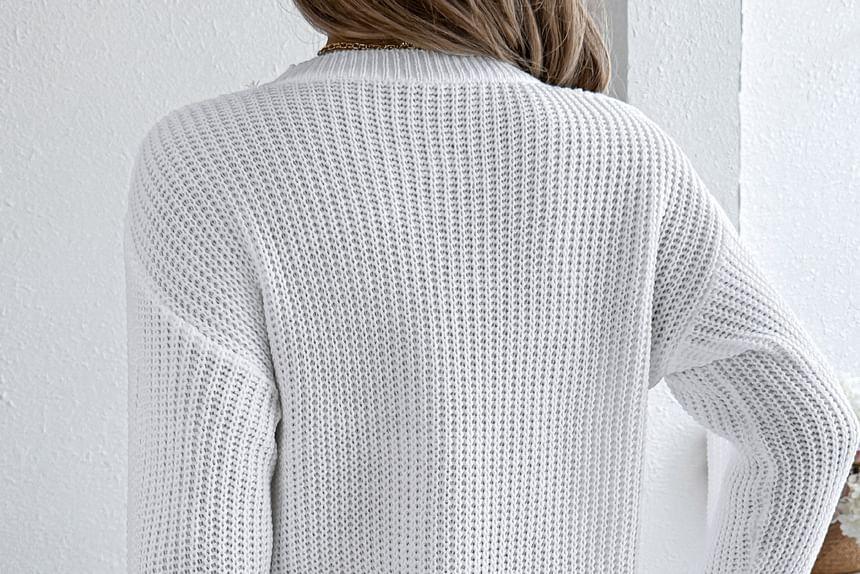 Crew Neck Plain Perforated Sweater Product Image