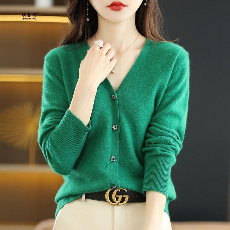 V-Neck Button-Up Plain Cardigan Product Image