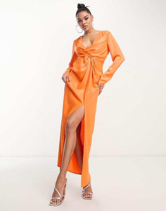 Something New x Klara Hellqvist satin twist front plunge maxi dress in sunset orange Product Image