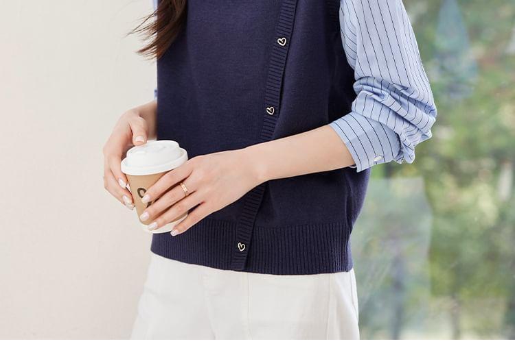 Mock Two-Piece Long-Sleeve Collar Striped Panel Asymmetrical Button Sweatshirt Product Image