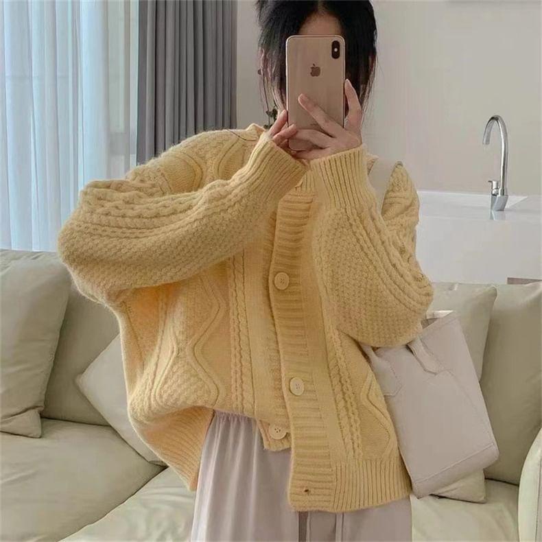 Crew Neck Plain Cable Knit Button-Up Cardigan product image