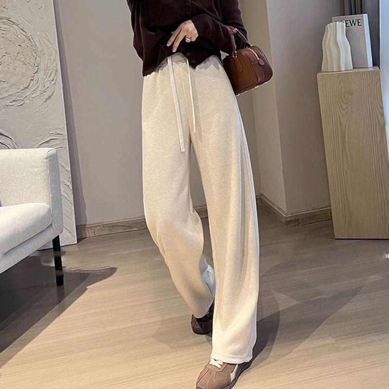 Drawstring Waist Plain Wide Leg Pants Product Image