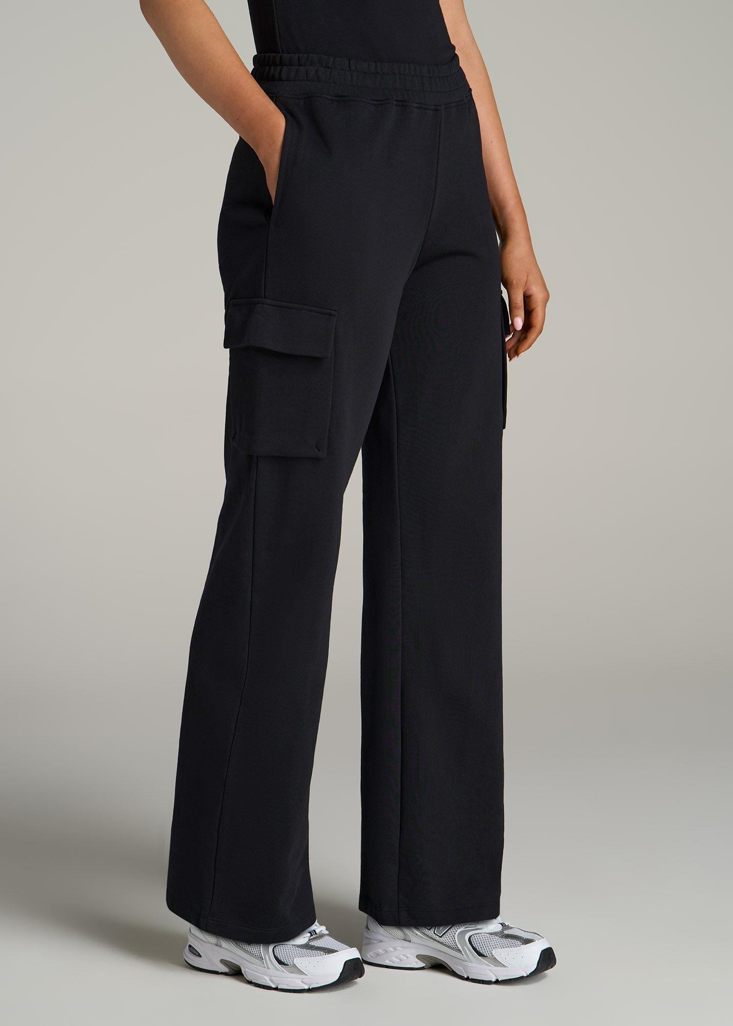 French Terry Wide Leg Cargo Sweatpants for Tall Women in Black Product Image