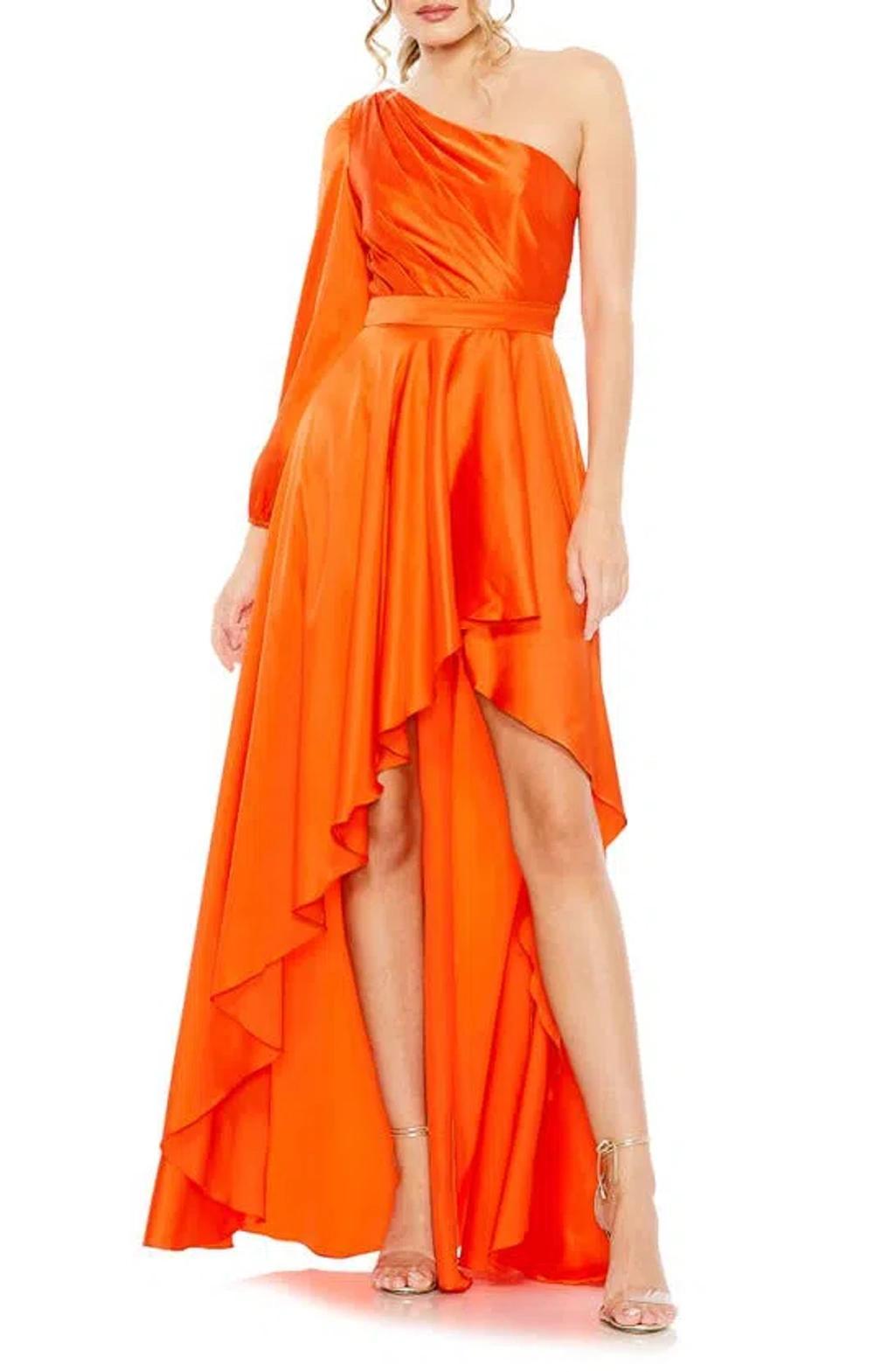 High Low One Shoulder Flowy Gown In Orange Product Image