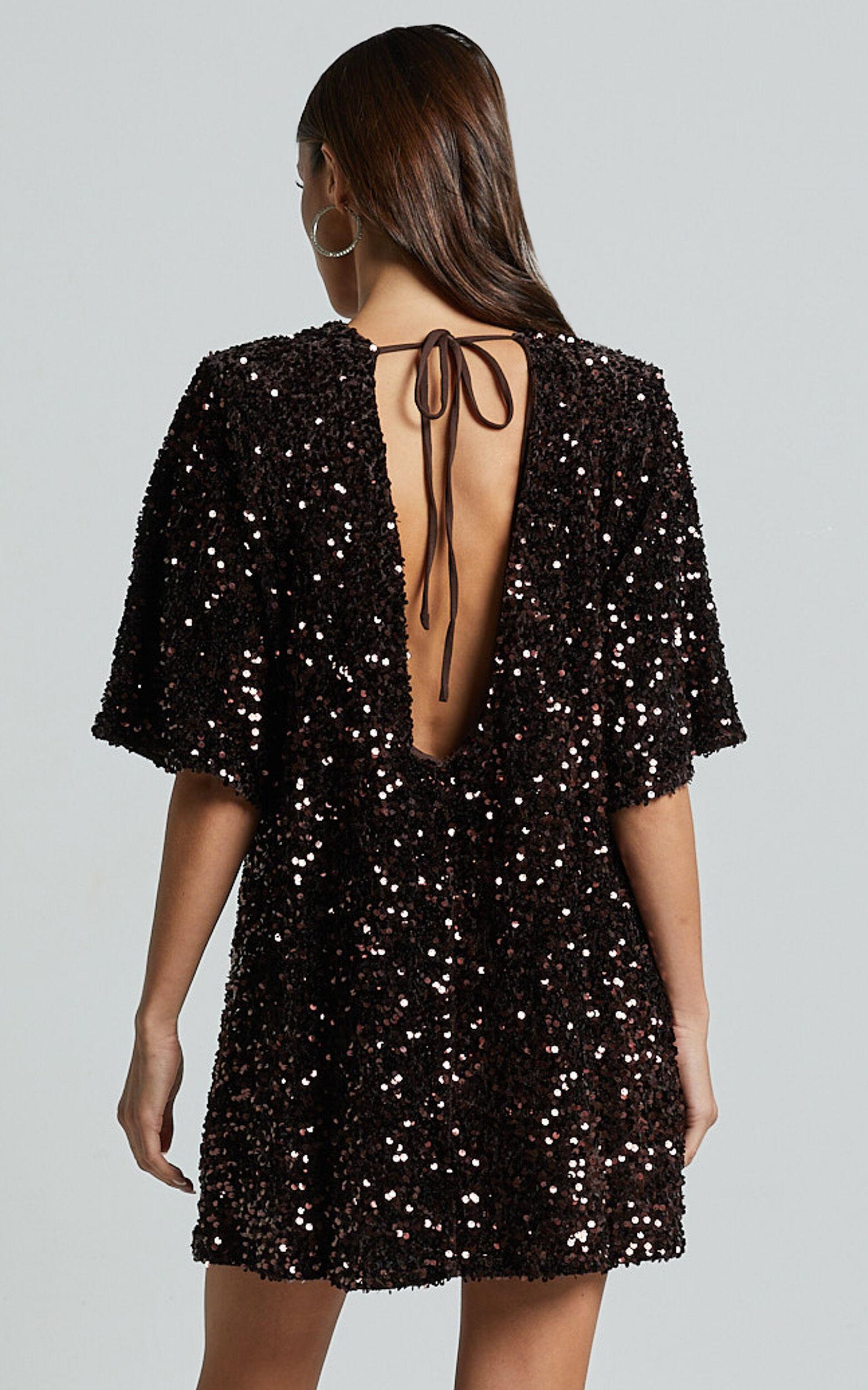 Valetta Mini Dress - Sequin low back shift dress in Chocolate Product Image