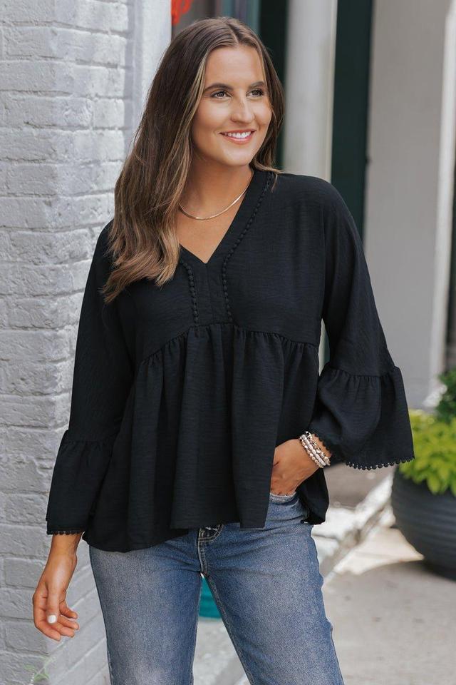 Black Lace Trim Bell Sleeve Blouse - FINAL SALE Female Product Image