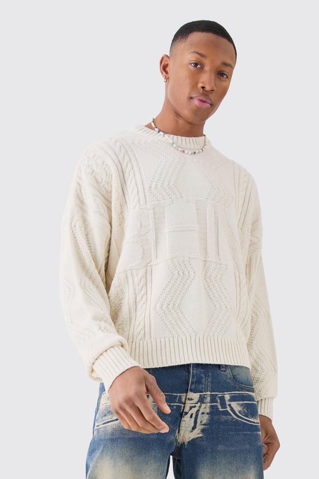 Mens Cream Oversized Boxy Bhm Cable Knit Jumper, Cream Product Image