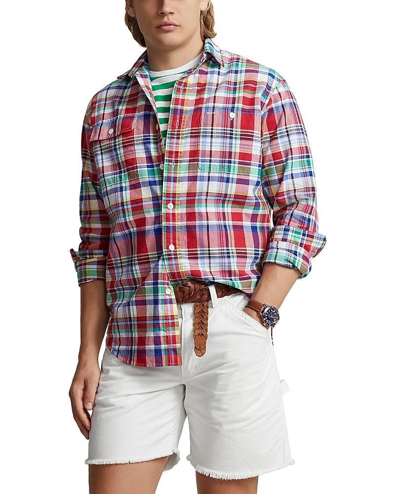 Polo Ralph Lauren Classic Fit Plaid Oxford Long Sleeve Workshirt Navy Multi) Men's Short Sleeve Knit Product Image