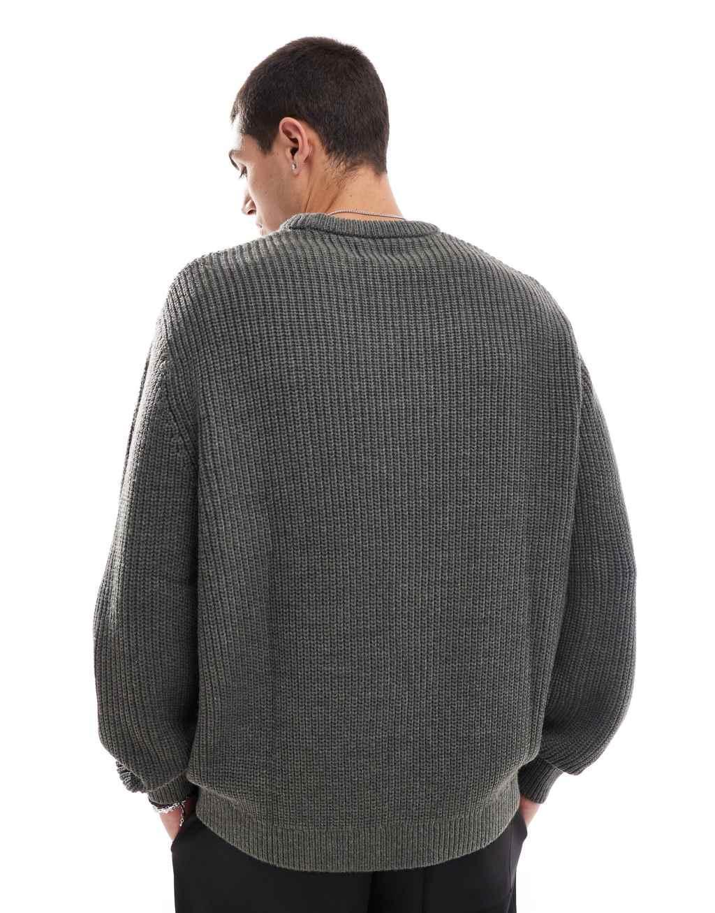 ASOS DESIGN oversized knitted fisherman rib sweater in charcoal heather Product Image