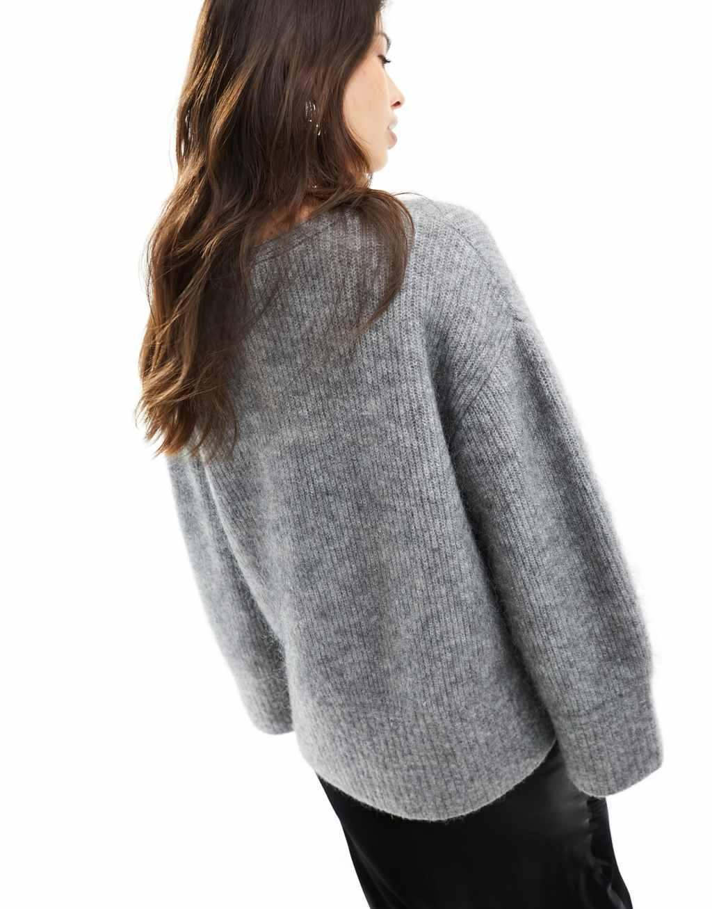 & Other Stories premium knit wool blend relaxed sweater with v neck in gray melange Product Image