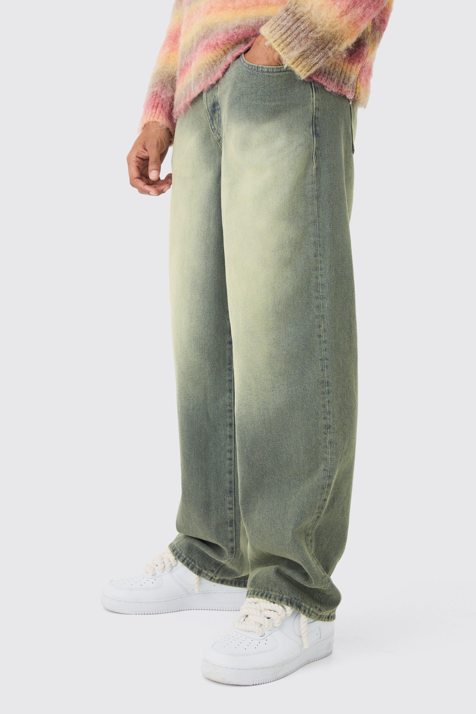 Mens Baggy Rigid Green Washed Jeans, Green Product Image