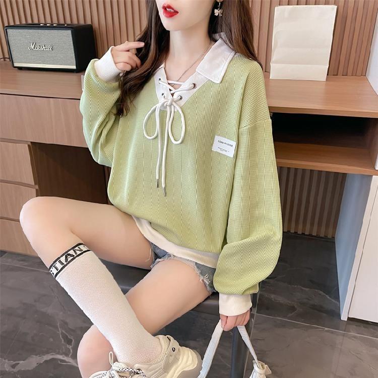 Collared Contrast Trim Waffle Lace-Up Pullover Product Image