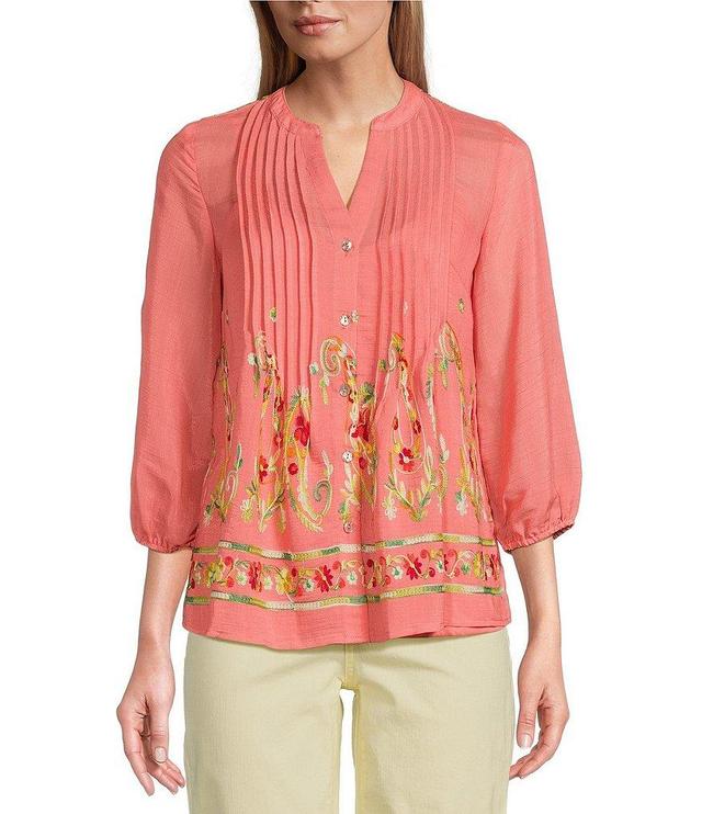 Figueroa & Flower Petite Size Woven Embroidery Band V-Neck Long Sleeve Pintuck Detail Button-Front Shirt Product Image