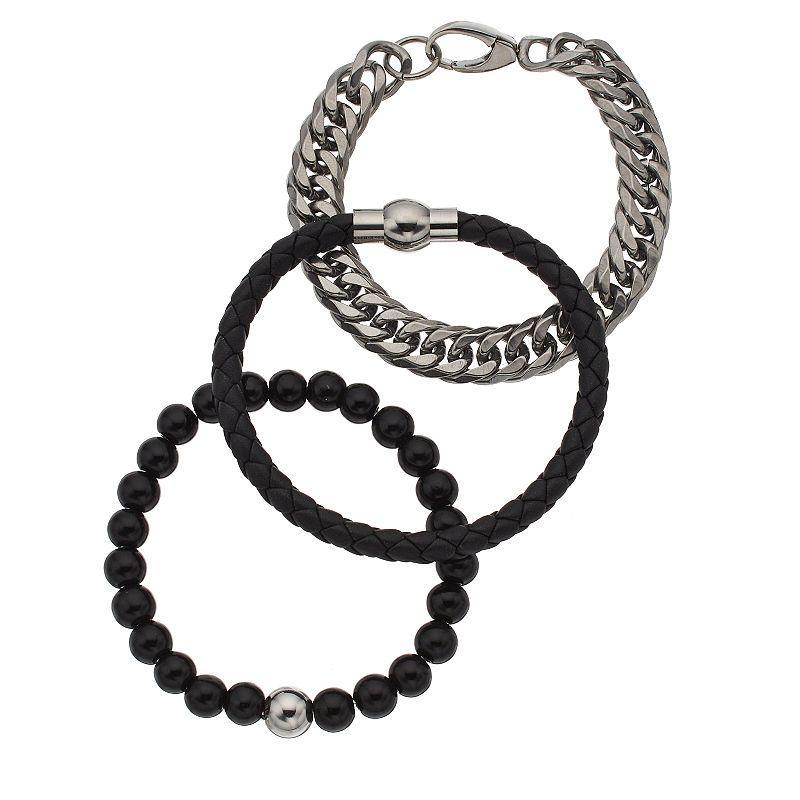 Mens Stainless Steel Black Glass Beaded, Leather & Curb Chain Bracelet Set Product Image