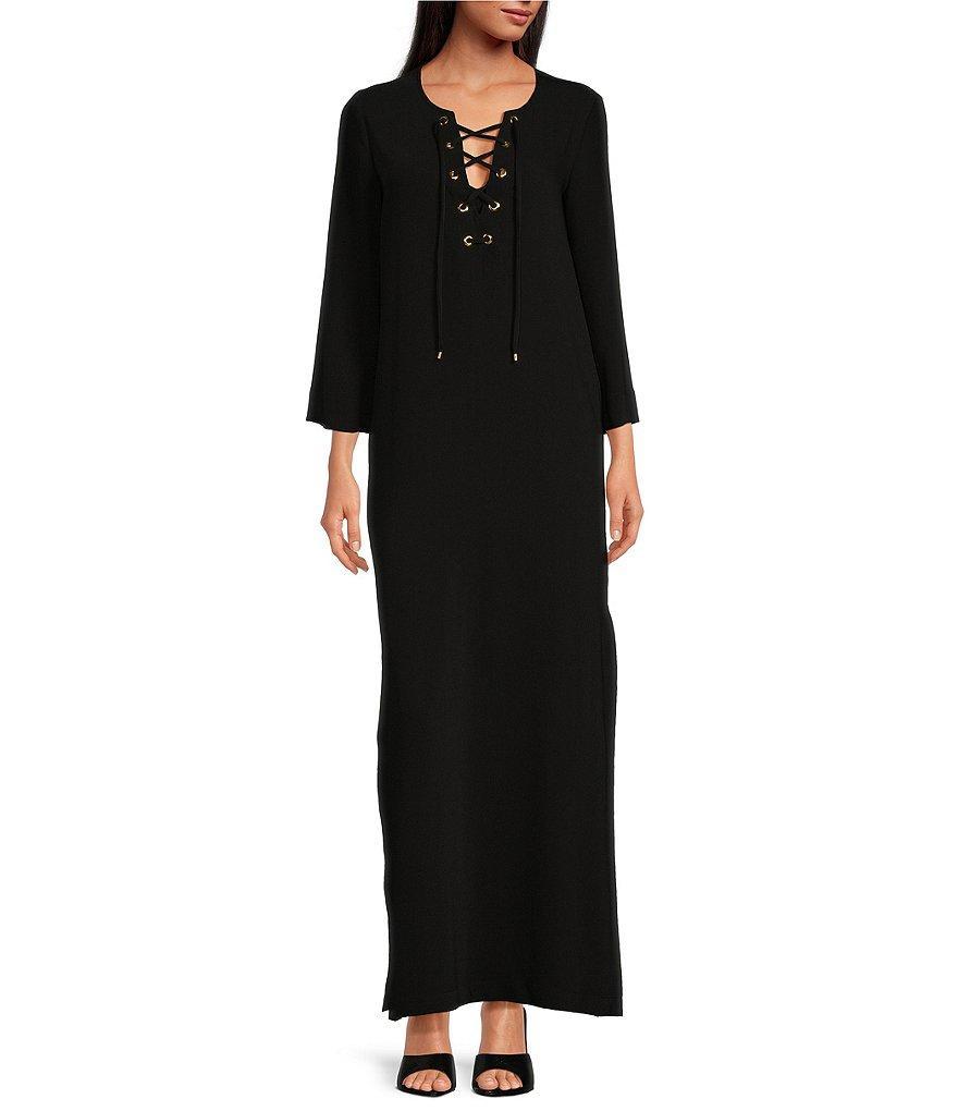 Trina Turk Catamaran Double Georgette V-Neck 3/4 Sleeve Grommet Lace-Up Shift Dress Product Image