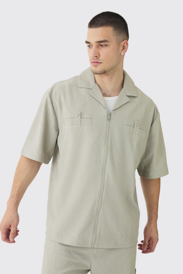 Tall Textured Pleated Zip Up Shirt | boohooMAN USA Product Image