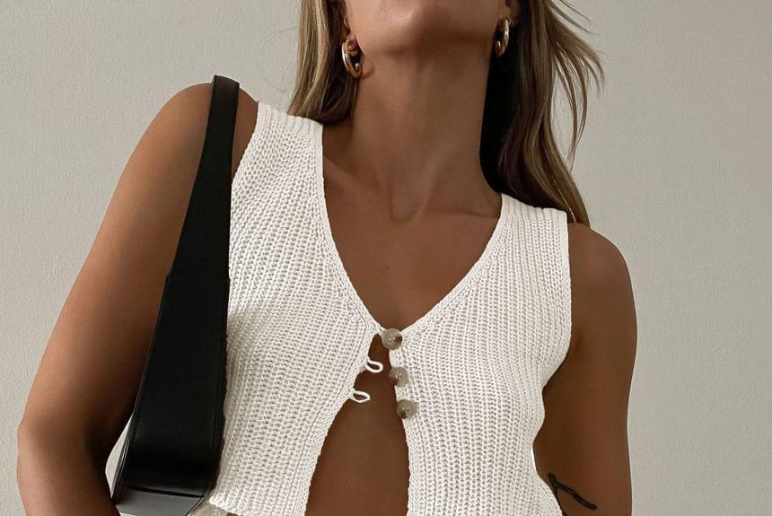 V-Neck Plain Crop Sweater Vest Product Image