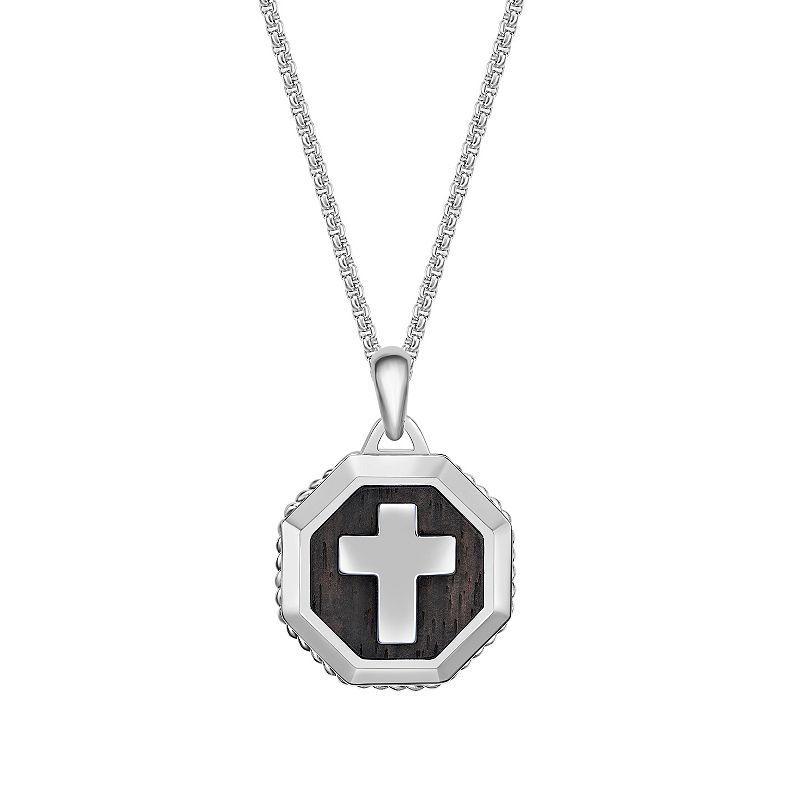 Mens LYNX Stainless Steel & Ebony Wood Cross Pendant Necklace Two Tone Product Image