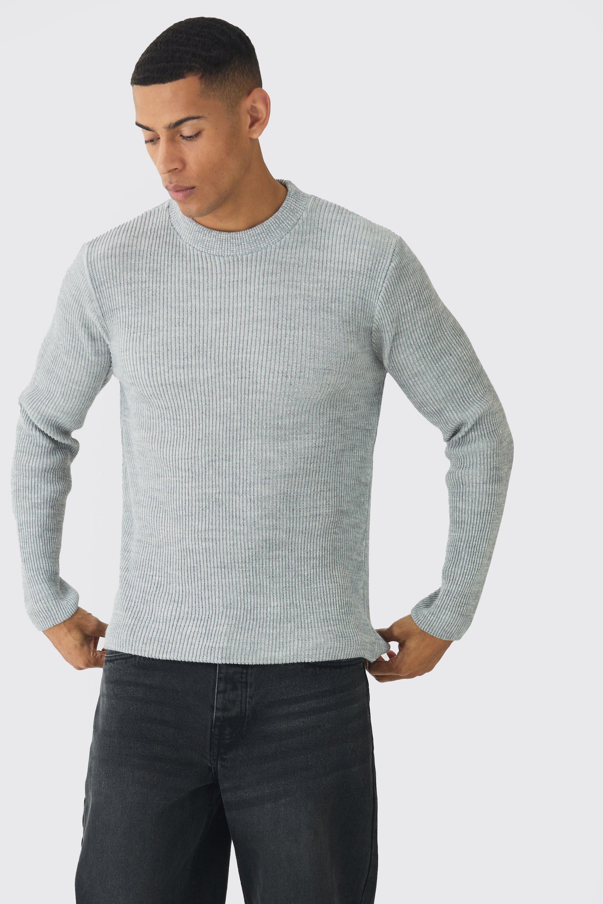 Regular Crew Neck Plated Ribbed Knit Sweater | boohooMAN USA Product Image