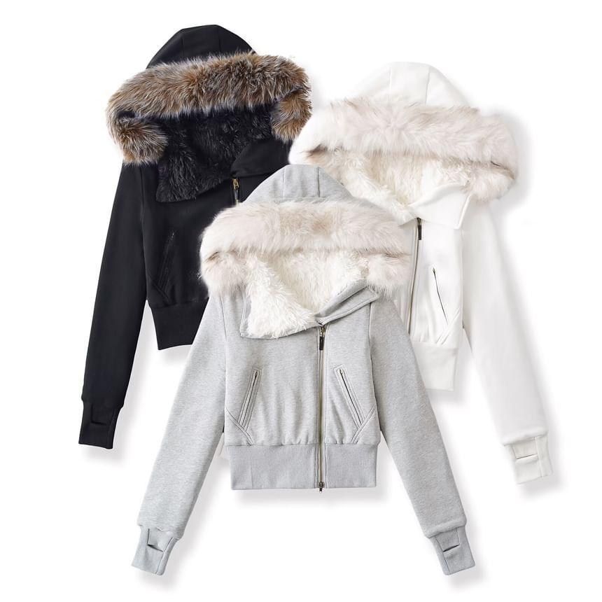 Long Sleeve Plain Fleeced Furry-Trim Hooded Zip-Up Jacket Product Image