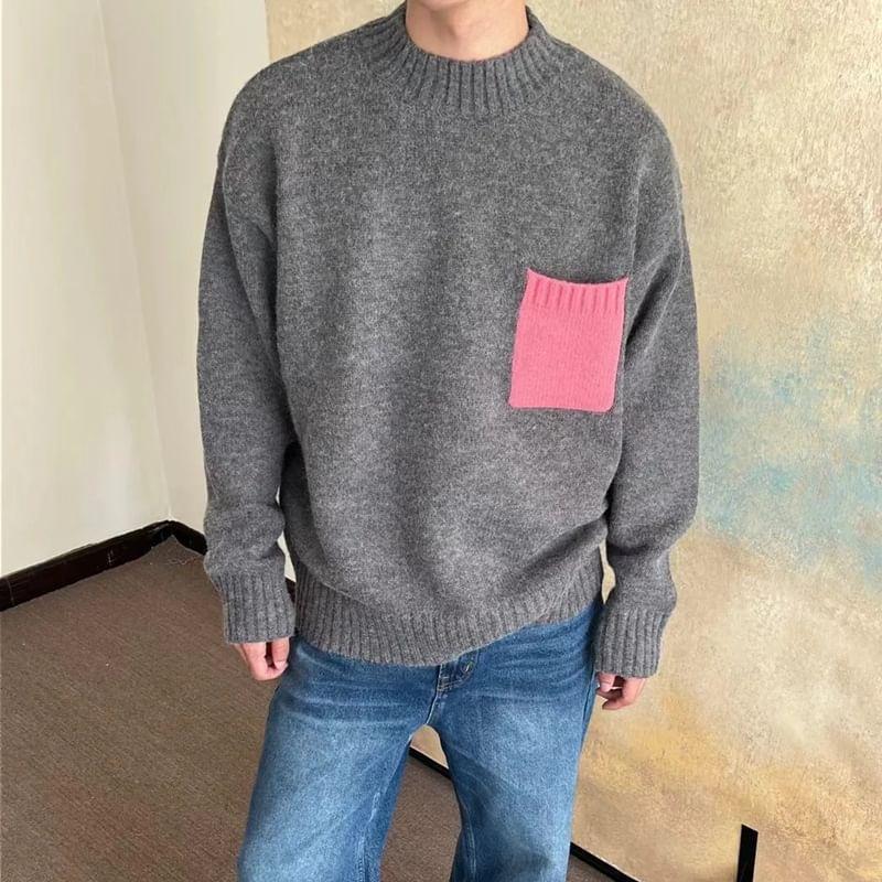 Long-Sleeve Crew Neck Two-Tone Sweater Product Image